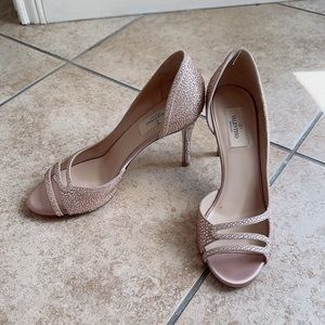 Valentino Shoe Blush Pink Leather Crystals Midi Heel Open Toe Pumps